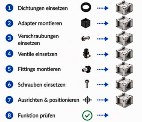 Eine Aufzählung von 8 Montageschritten mit einer kleinen Abbildung des jeweiligen Bauteils.