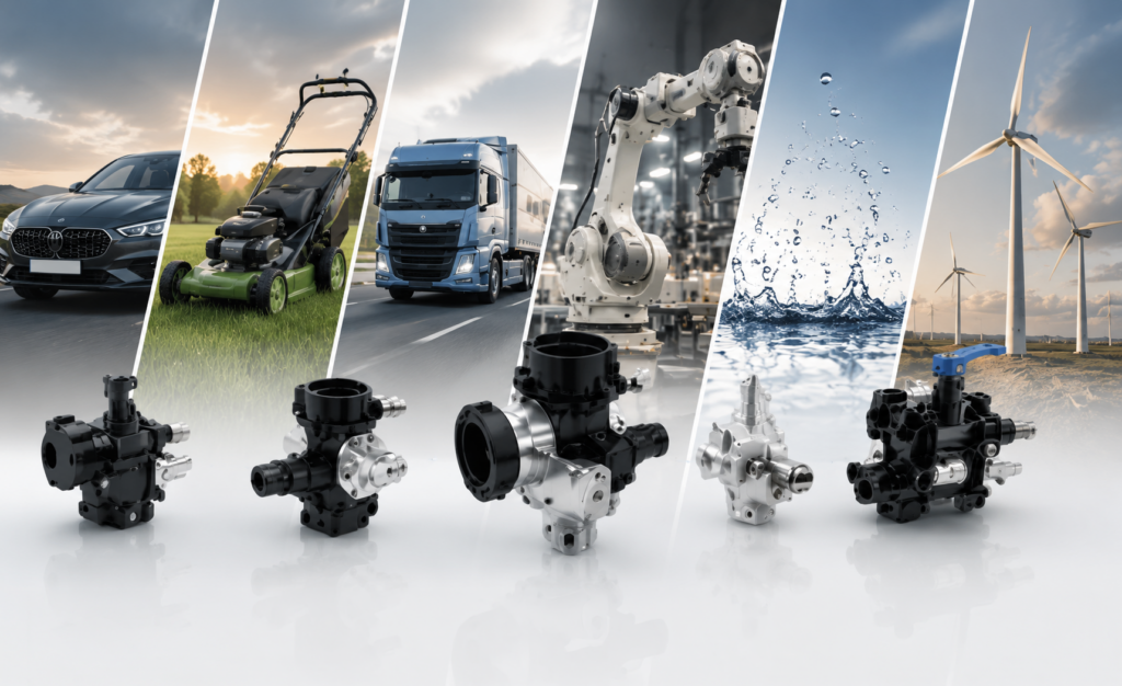 Ein Bild aufgeteilt in 6 Bereiche. Darin sieht man einen PKW, einen Rasenmäher, einen LKW, einen Roboterarm, Wasser und Windräder. Davor sind 5 verschiedene integrierte Hybridbaugruppen zu aufgereiht.