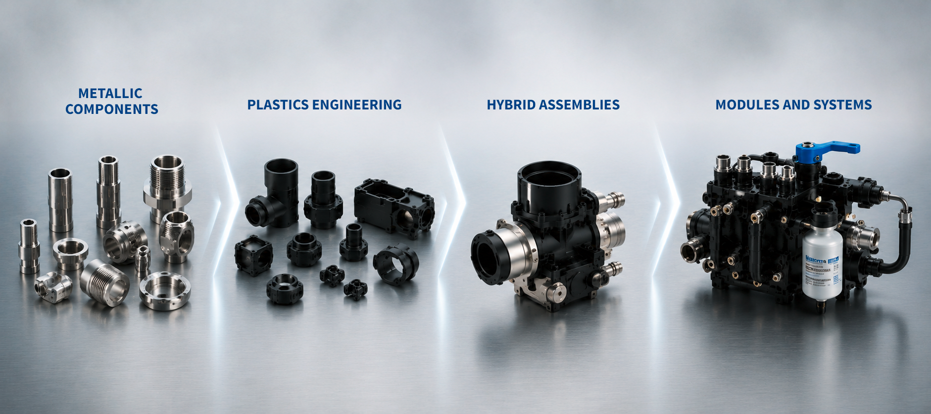 Illustrations of components from the fields of metal components, plastics technology, hybrid assemblies, modules and systems.